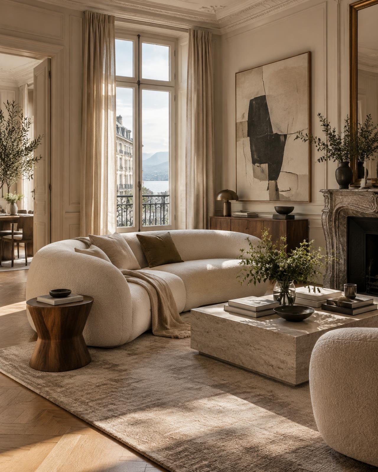 Bright living room with natural materials and sculptural furniture